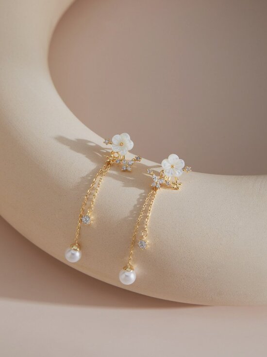 Jewelry - Gold Floral Pearl Drop Earrings Bridal 925 Silver Post